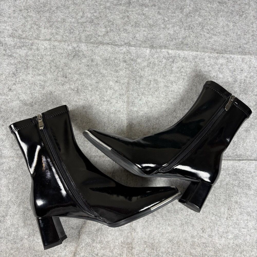 Black Faux Patent Square Toe Ankle Boots Block Heel Side Zip Womens EU Size 38